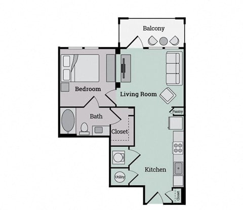 Floor plan for 1 bed, 1 bath, 621 sqft